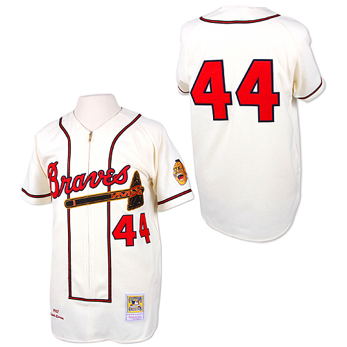 1957 Throwback Cream Atlanta (Milwaukee) Braves 44 Hank Aaron M&N MLB Jerseys